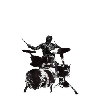 Davulcunun arkasında bir baterist, müzik aletleri, siyah beyaz grafikler, soyutlama