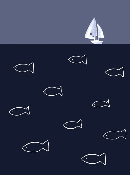 White Sail Ship Fish Water Illustration — Stock Photo, Image