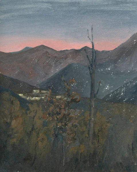 山の中の夕暮れ山の中の夕日油絵 — ストック写真