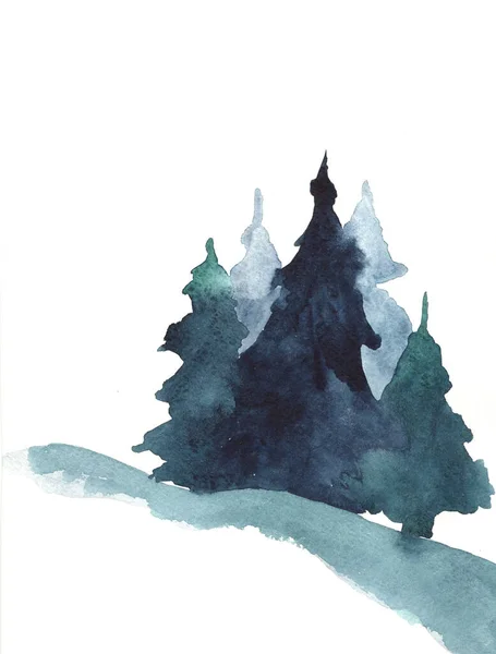 Christmas Trees Winter Forest Blue Trees Watercolor Picture — Stock Photo, Image