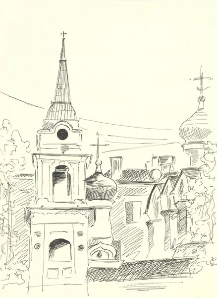 Церковь Черная Ручка Рисунок Купол Крестом Религиозной Архитектуры — стоковое фото