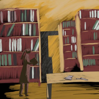 İnsanlar kütüphanede kitap okuyor, kitaplarla raflarda.