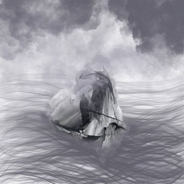 Fırtına suyunda yüzen bir adamla tekne.