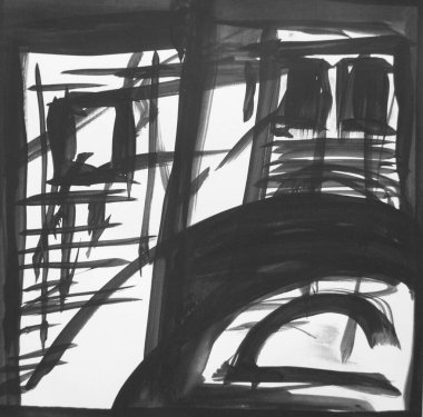 Şehir, soyut siyah beyaz çizim, illüstrasyon