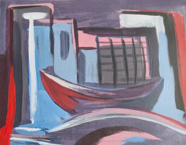 Venedik, şehirde tekne, yağlı boyalı soyut çizimleri.