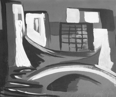 Venedik, şehirde tekne, yağlı boyalı soyut çizimleri.