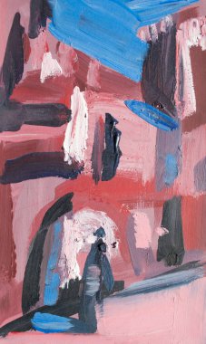 Pembe evler, yağlı boyalı şehrin soyut çizimleri.