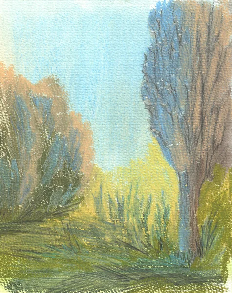 Pastel Grass Trees Pastel Drawing Summer Landscape — Stock Photo, Image