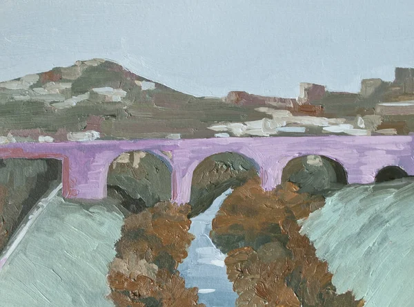 Розовый Мост Через Реку Городской Пейзаж — стоковое фото