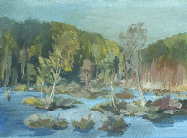 沼や木は水の中にあり秋の風景色は — ストック写真