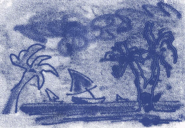 Пальмы Лодки Море Эскиз Синей Краски — стоковое фото