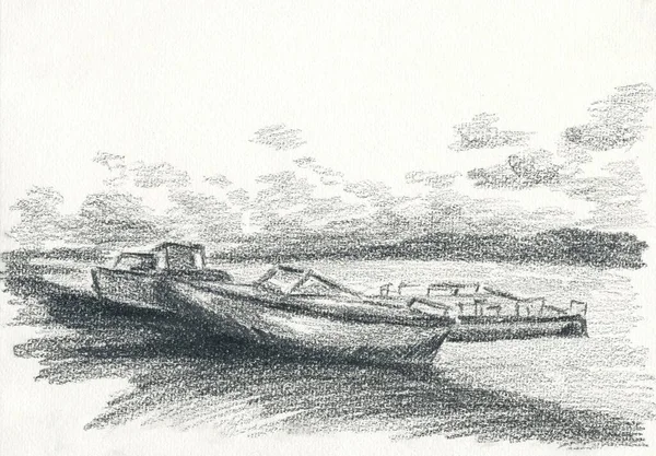 Лодки Берегу Черно Белый Рисунок — стоковое фото