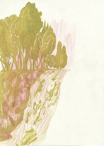 Желтые Розовые Деревья Скале Водопада Рисунок — стоковое фото