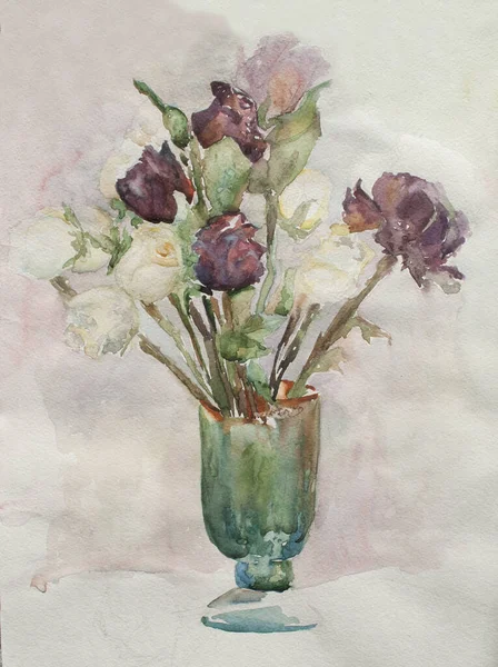 Květiny Skleněné Váze Akvarel Impresionismus — Stock fotografie