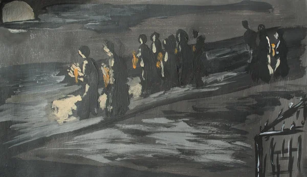 funeral procession at night at the moon, illustration