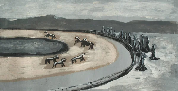 競馬場の絵 抽象化 トラック上を走る馬 — ストック写真