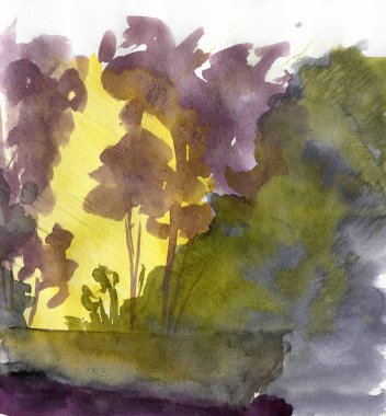 Ağaçların arasından geçen güneş, suluboya