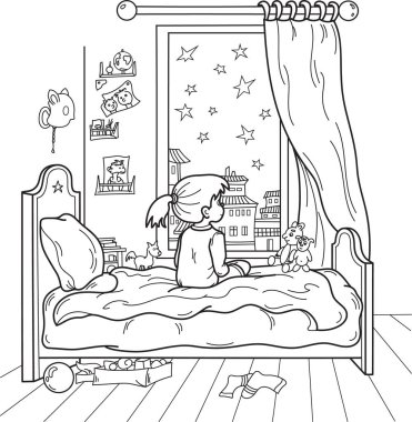 Uyumadan önce pencereden yıldızlara bakan kız, vektör çizimi