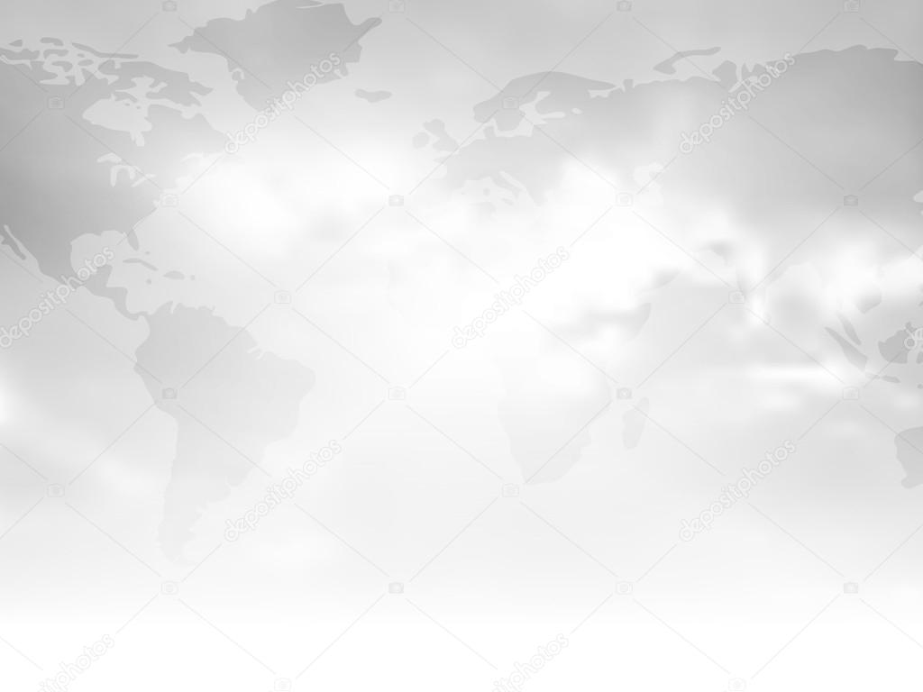 Gray background with flat world map and abstract cloudy sky fading