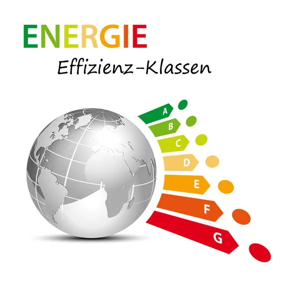 Energie-efficiëntie klassen met globe - totaalconcept voor de huidige opslaan — Stockvector