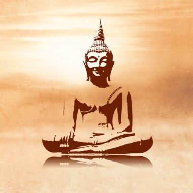 Buda siluet ışık turuncu gündoğumu arka plan boyama tarzı - meditasyon kavramı lotus konumunda