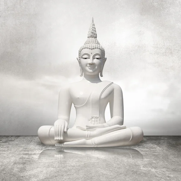 Fehér buddha, ült a lótusz helyzet világos szürke ég háttere — Stock Fotó