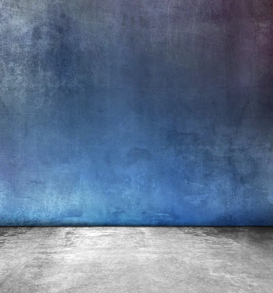 Grunge blauwe kamer ontwerp met grijs gepolijst betonnen vloer textuur — Stockfoto