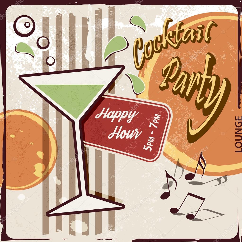 Retro party background with cocktail glass - Happy Hour drink