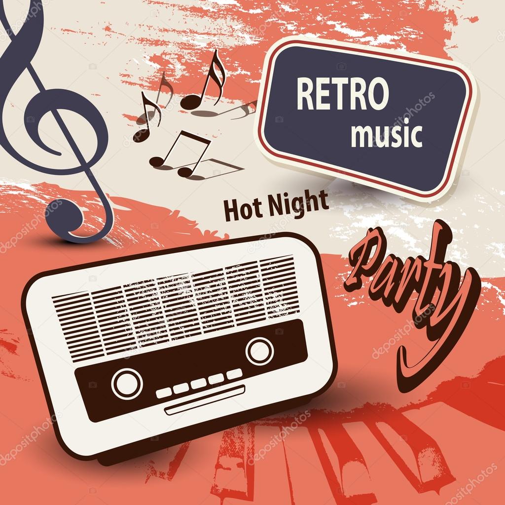 Music background with old radio and notes - retro party poster