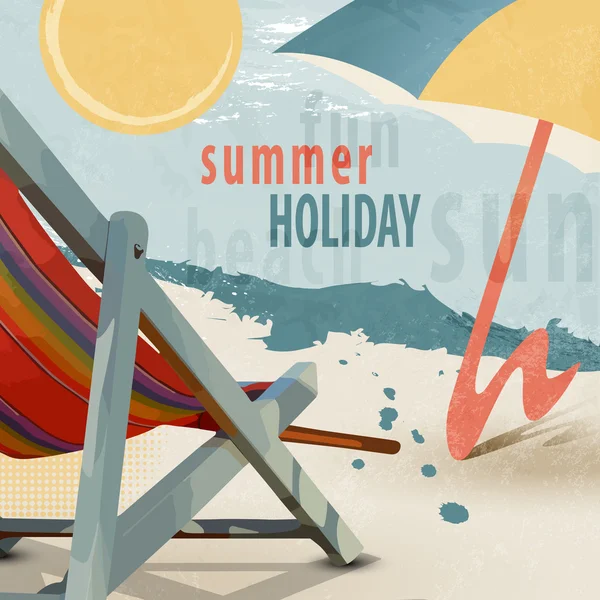 Summer holiday beach background with deck chair and sunshade in retro style - tourism concept — Stock Vector