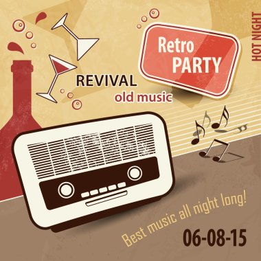 Music background in retro style - vintage party flyer with old radio and drinks