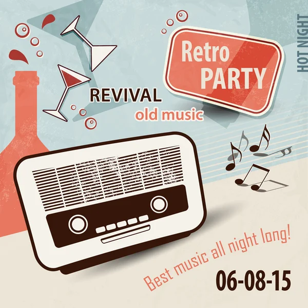 Retro-Musik im Hintergrund - Partyflyer mit altem Radio, Flaschen, Gläsern und Noten — Stockvektor