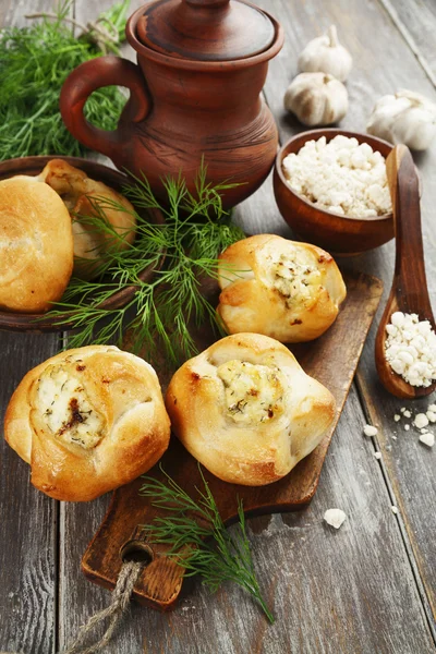 Baked buns stuffed with curd cheese — Stock Photo, Image