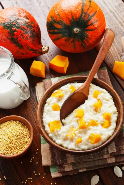 Millet Porridge Pumpkin Milk Pot Table — Stock Photo, Image