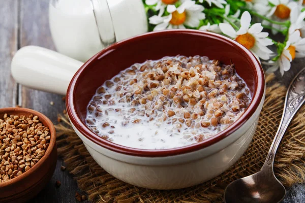 Porridge Grano Saraceno Con Latte Nel Piatto Ceramica Immagine Stock
