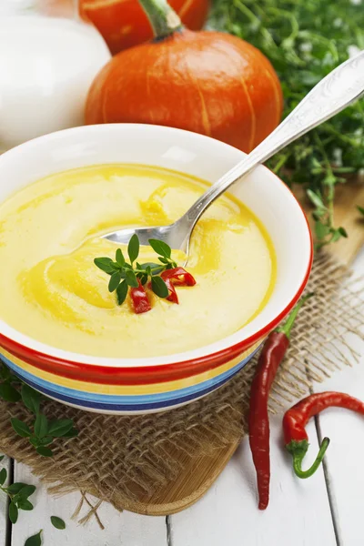 Sopa de calabaza picante con crema y chile — Foto de Stock