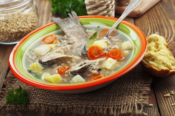 Sopa casera de pescado de río en el tazón —  Fotos de Stock