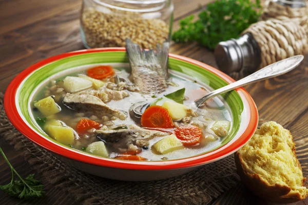 Sopa casera de pescado de río en el tazón —  Fotos de Stock