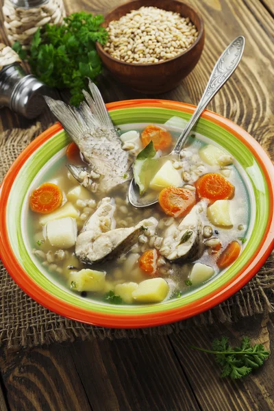 Sopa casera de pescado de río en el tazón —  Fotos de Stock