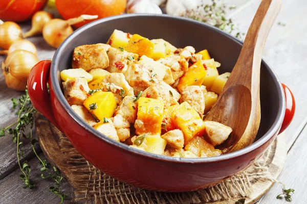 Estofado de pollo con calabaza, patatas y especias — Foto de Stock