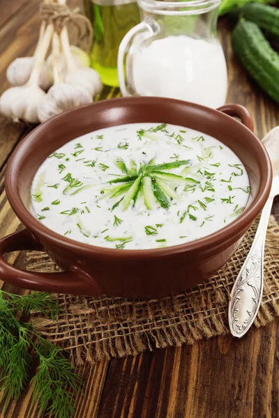 Zuppa estiva con cetrioli, yogurt ed erbe fresche — Foto Stock