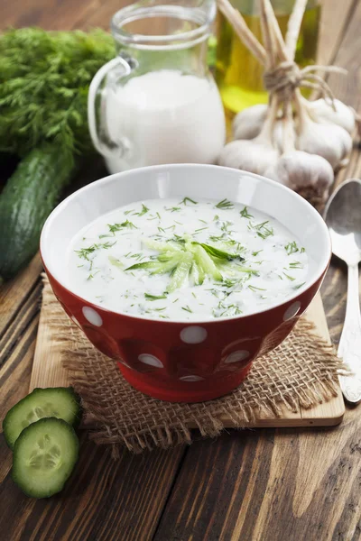 Zuppa estiva con cetrioli, yogurt ed erbe fresche — Foto Stock