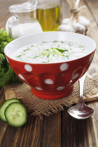 Zuppa estiva con cetrioli, yogurt ed erbe fresche — Foto Stock