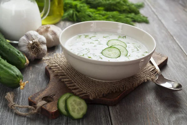 Lato zupa z ogórków, jogurty i świeże zioła — Zdjęcie stockowe