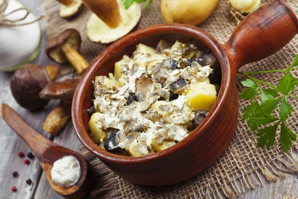 Potatoes with mushrooms in cream sauce — Stock Photo, Image