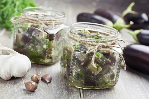 Marinated eggplant in jars — Stock Photo, Image