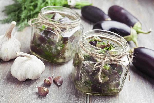 Marinated eggplant in jars — Stock Photo, Image