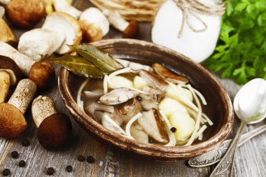 Masanın üzerinde mantar çorbası