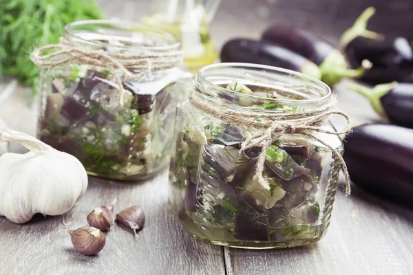 Marinated eggplant in jars — Stock Photo, Image