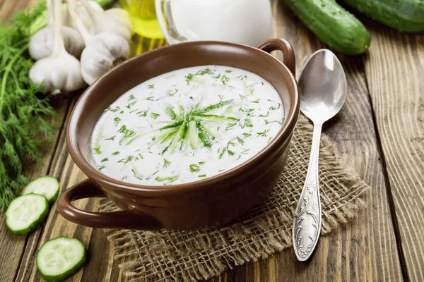きゅうり、ヨーグルト、新鮮なハーブの夏スープ — ストック写真